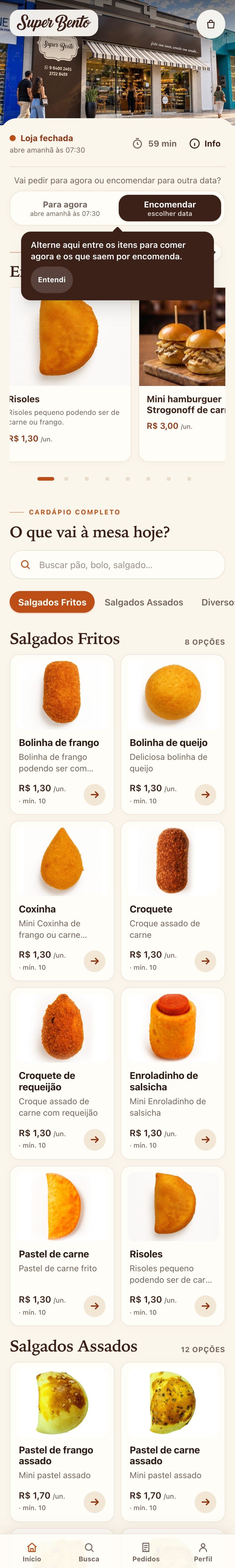 Cardápio da Padaria Super Bento no celular