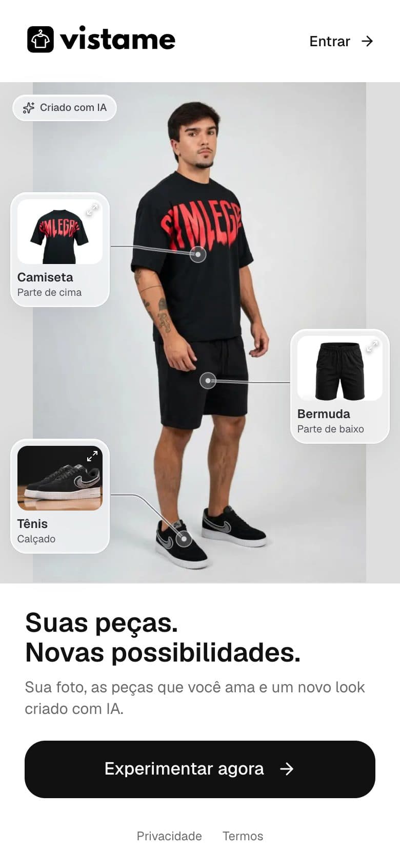 Tela inicial do Vistame no celular